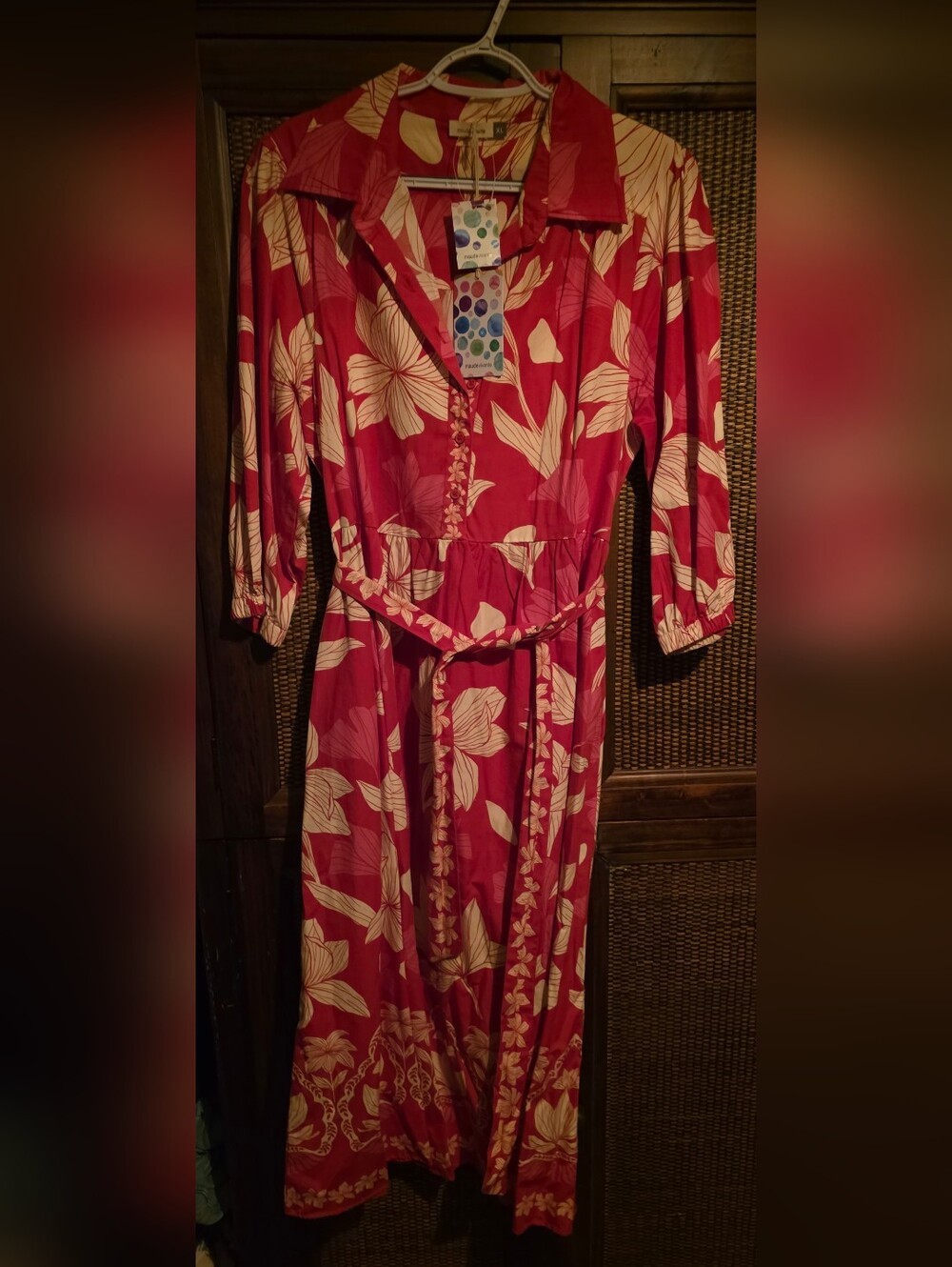 Maude Vivante XL NWT Red Floral Shirt Dress with Tie Waist PTP 21 - Picture 2 of 2